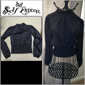 Self Esteem Black Bishop Sleeve Crop Blouse Women Size Small